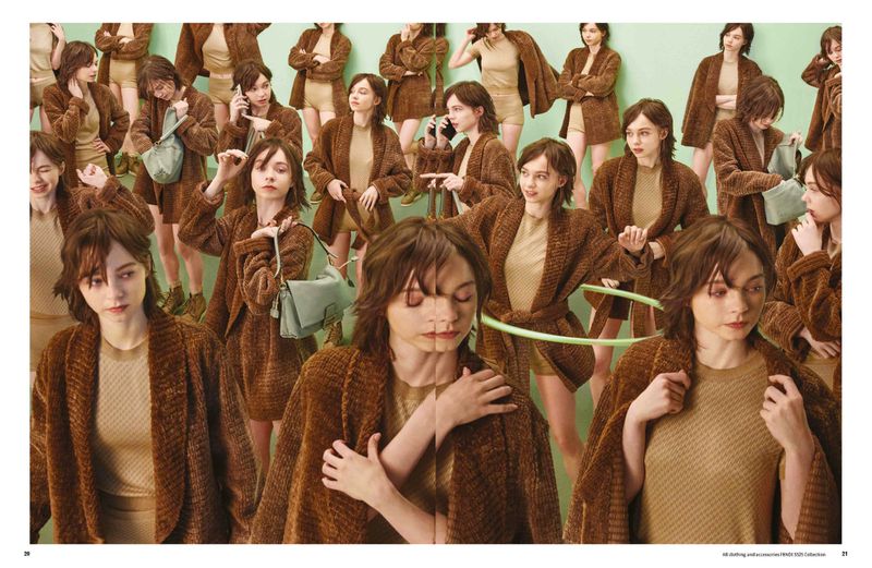 Multiple images of a fair-skinned brunette woman wearing a brown cardigan with various poses against a mint green background.
