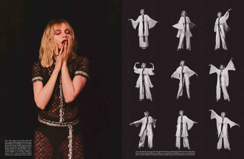Editorial fashion shot of a blonde female model posing in a black lace outfit, juxtaposed with multiple grayscale images of her in white.