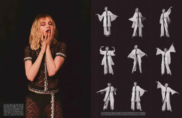 Editorial fashion shot of a blonde female model posing in a black lace outfit, juxtaposed with multiple grayscale images of her in white.