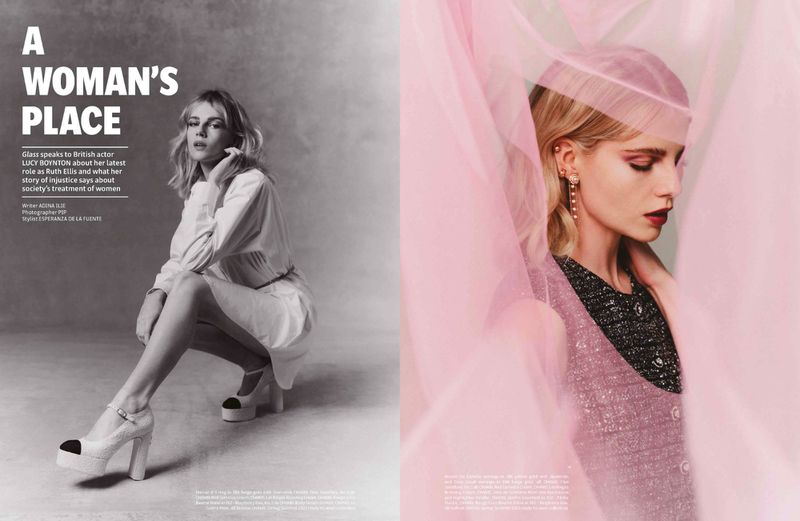 Black and white and color split magazine fashion editorial featuring model Lucy Boynton in couture gown and heels.