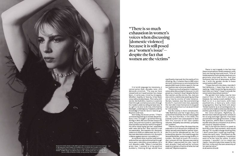 Monochrome portrait of a blonde woman with fair skin and a jeweled necklace in an indoor studio setting with textual elements.