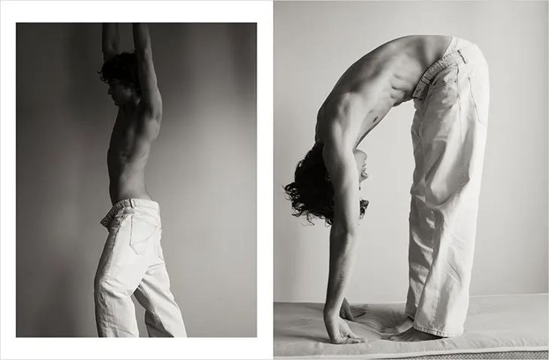 Two monochrome photos of a topless male adult in white pants, in side profile stretching and bending poses against a plain background.