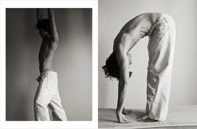 Two monochrome photos of a topless male adult in white pants, in side profile stretching and bending poses against a plain background.