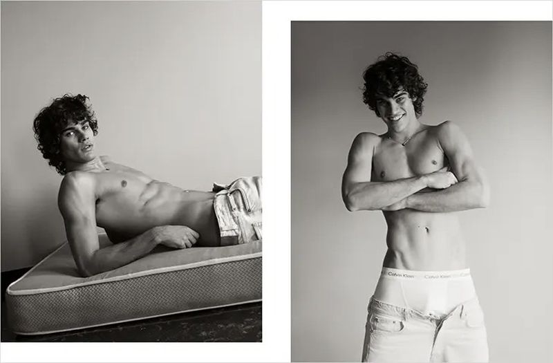 Black-and-white diptych of a shirtless male model with curly hair wearing jeans and underwear, posing in a minimalist studio setting.