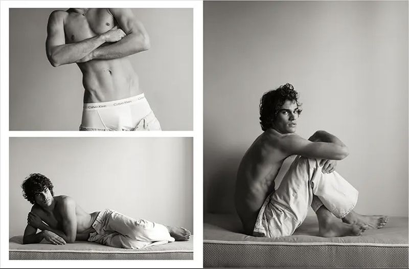 Black and white triptych of a bare-chested man modeling in underwear and casual pants in a photo studio against a plain backdrop.