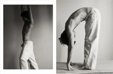 Black and white diptych of a shirtless young man posing in baggy white denim trousers against a minimal studio background.