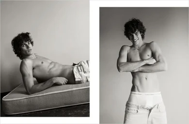 Diptyque black and white portraits of a young man with curly hair wearing unbuttoned jeans against a plain background