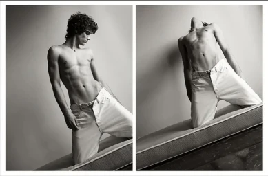 Black and white diptych of a shirtless young man with curly hair posing in loose white jeans on a cushioned bench.