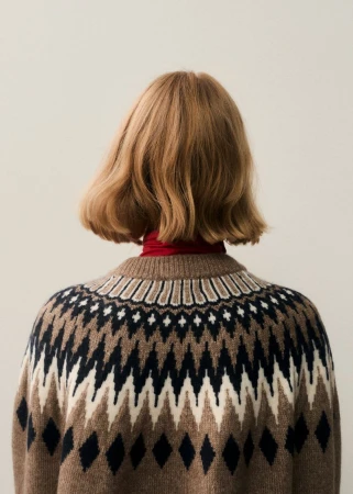 Back view of a model with a wavy blonde bob wearing a brown geometric knit Fair Isle sweater with a red collar on an off-white background.