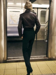 Model standing on a subway platform facing away, wearing a dark leather jacket and striped trousers in front of open train doors.