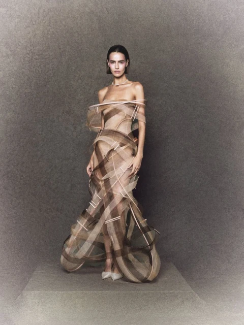 Fashion model posing in studio. Elegant adult female wearing a light brown couture gown with a geometric pattern. Beauty shot with grey background.