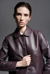 Model Cleo Cwiek wearing a deep burgundy leather jacket with a rounded collar against a neutral grey studio backdrop.