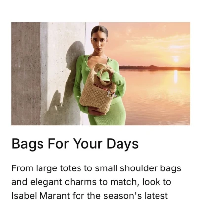 An adult woman poses, holding a straw tote bag, wearing a green knit dress, with a sunset over a lake in the background.