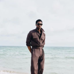 Model Halid Nuhu wears a brown tailored utility shirt and pleated trousers with sunglasses on a beach by the ocean.