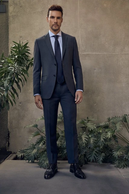 A man in a grey suit with a blue shirt and tie stands outdoors against a concrete wall and foliage in a medium full shot.