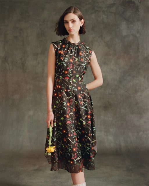 Woman in floral dress holds a yellow flower against a grey mottled backdrop in a studio with diffused lighting, fashion photography.