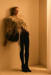 Model wearing a textured shaggy cream and black jacket against a plain wall in warm interior light
