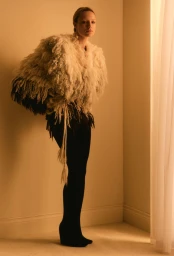 Model Maya Stepper in a shaggy fringe cream cape jacket, black tights, and black wedge heels standing beside a window curtain.