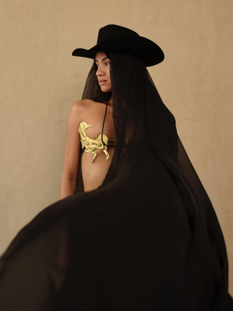 Woman in black cowboy hat and veil poses in front of tan wall, wearing gold bra. Fashionable, eye-level studio portrait.