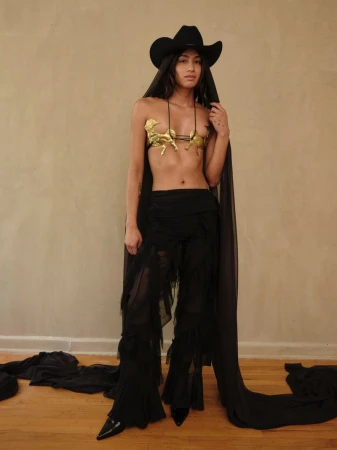 Woman poses in a gold bra with horse figures, black hat with veil, and tasseled black pants against a tan wall indoors.