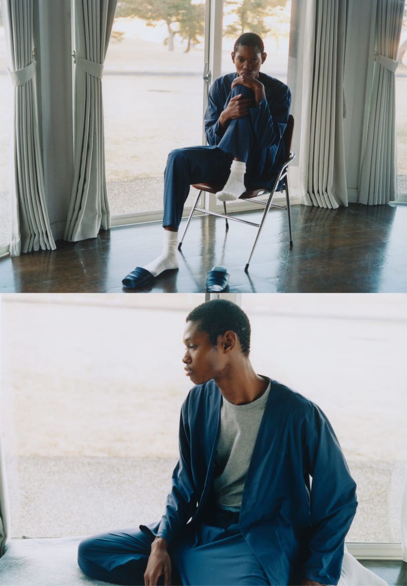 A man in blue pajamas sits in a room by a window, another view shows him seated on the floor in the same pajamas, looking out.