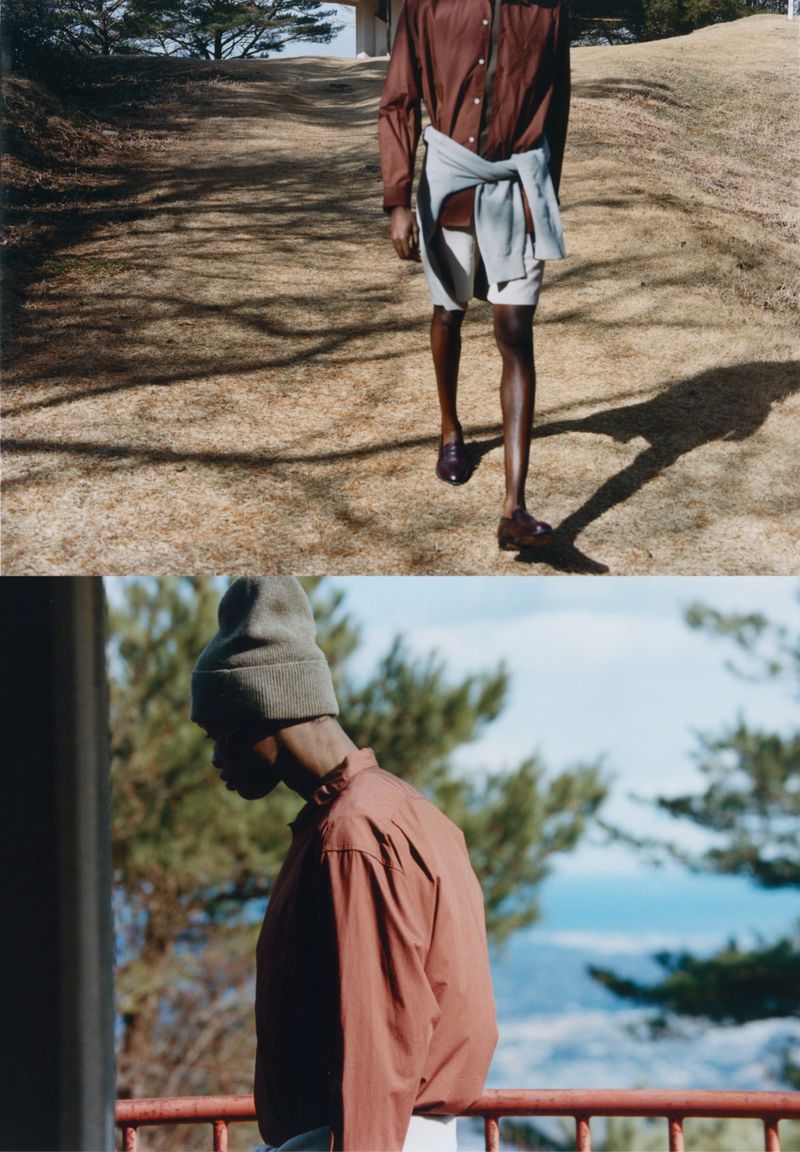 A split image showcasing a man in a brown shirt and shorts walking on grass and leaning on a balcony with a view of trees and a sea.