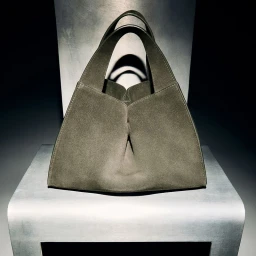 Olive green suede tote bag displayed on a curved silver metal pedestal under focused dramatic lighting.