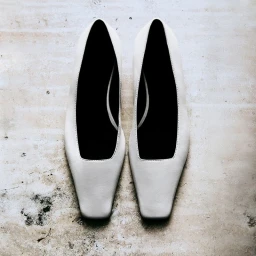 Top-down view of a pair of off-white square-toe flat leather shoes on a textured pale concrete surface.