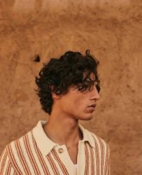 Close-up portrait of a man with dark curly hair wearing a striped knit polo shirt against an earthy textured wall.