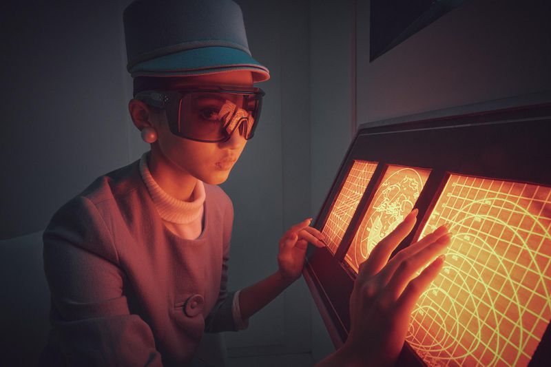 Woman in retro glasses and hat interacts with illuminated control panel featuring grid and earth-like diagrams in a vintage setting.
