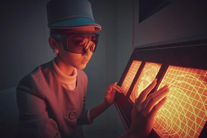 Woman in retro glasses and hat interacts with illuminated control panel featuring grid and earth-like diagrams in a vintage setting.