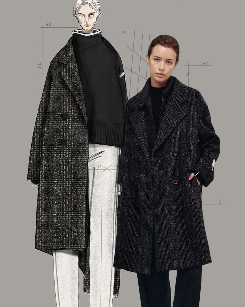 Two women models wearing fashionable winter coats are displayed, one is an illustration, set against a neutral grey backdrop.