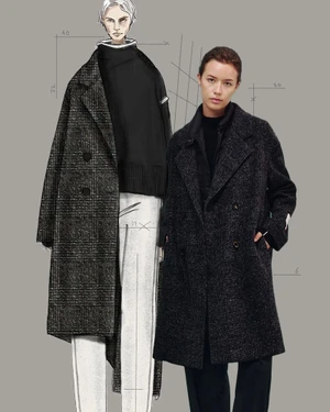 Model Tess van de Bleek wearing a dark tweed overcoat beside a technical fashion illustration for Peuterey FW24.