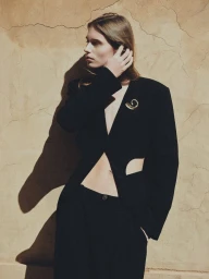 Model Esme Cornelius in black blazer and trousers with gold brooch against textured wall for Agmes by Su Mustecaplioglu
