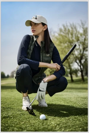 A woman in a cap and puffer vest crouches on a golf course, holding a club. She poses near a golf ball on the green grass.