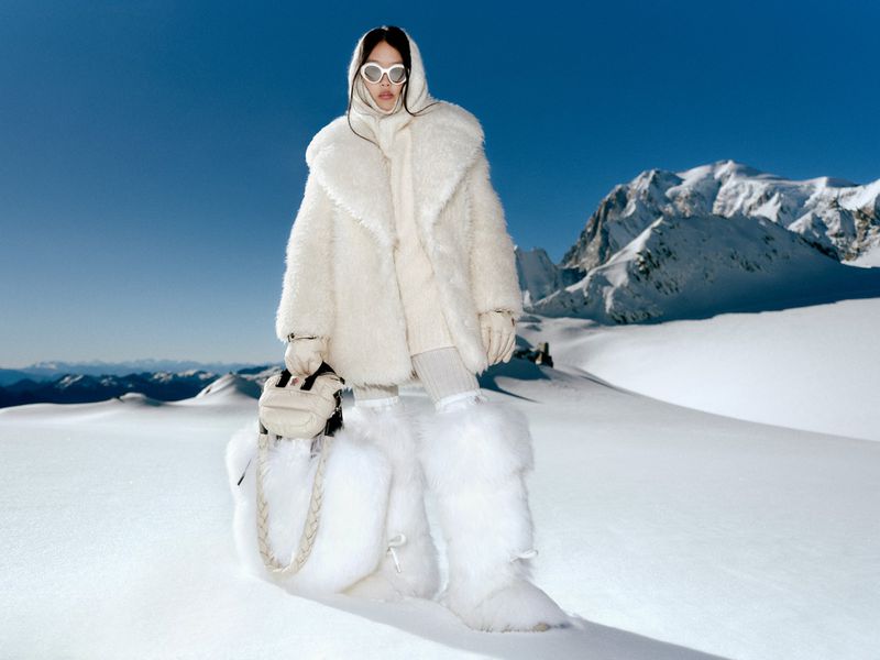 Woman in winter fashion posing in a snowy mountain landscape with white fur coat, furry leg warmers, headscarf, sunglasses and small white bag.