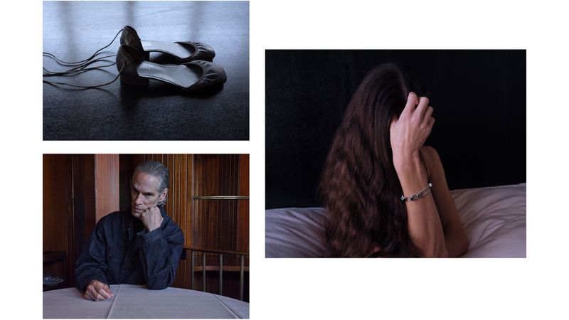 Composite image featuring ballet flats, an older man at a table, and a woman with long dark hair covering her face.