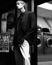 Monochrome portrait of a male model in a black blazer and light trousers standing inside a laundromat.