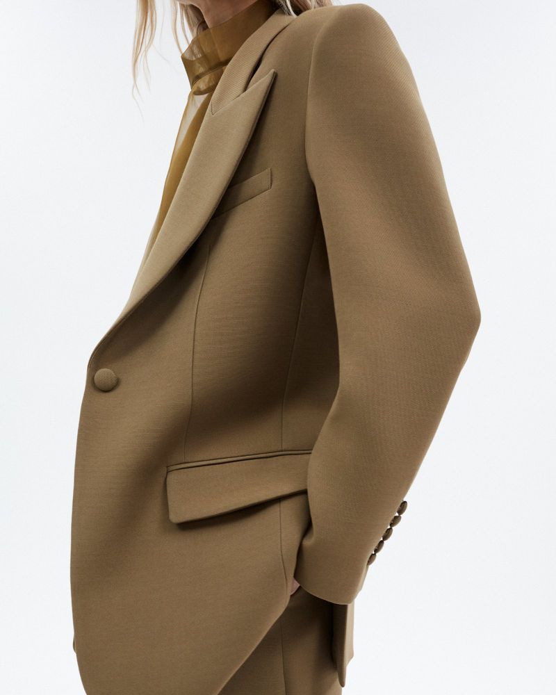 Elegant brown blazer with a classic design, showcasing the garment's tailored fit and high-quality fabric against a clean, bright background.