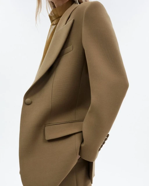 Elegant brown blazer with a classic design, showcasing the garment's tailored fit and high-quality fabric against a clean, bright background.