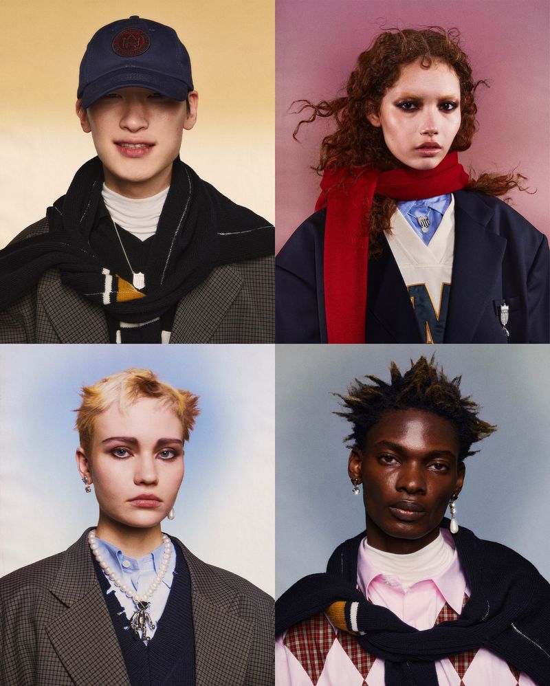 Collage of four diverse fashion models wearing blazers, sweaters, and accessories; set against backgrounds in peach, pink, and blue tones.