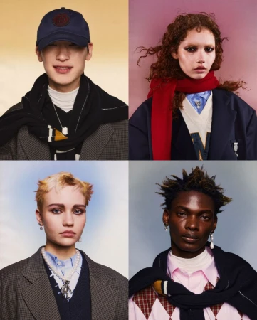 Collage of four diverse fashion models wearing blazers, sweaters, and accessories; set against backgrounds in peach, pink, and blue tones.