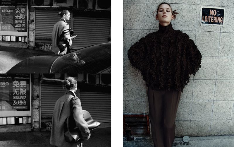 Fashion shot in black and white and color, showing two urban scenes with a woman in a coat and a woman in a brown sweater.