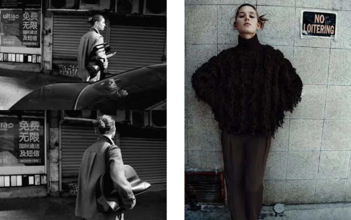 Fashion shot in black and white and color, showing two urban scenes with a woman in a coat and a woman in a brown sweater.
