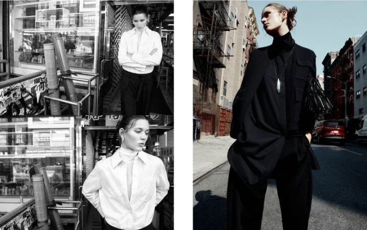 Split fashion shot: woman in a white shirt near a storefront, and a woman in black on an urban street, minimalist editorial style.