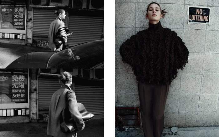 Model Vivienne Rohner in a dark textured sweater standing against a stone wall for COS Pre-Winter 2024 campaign.