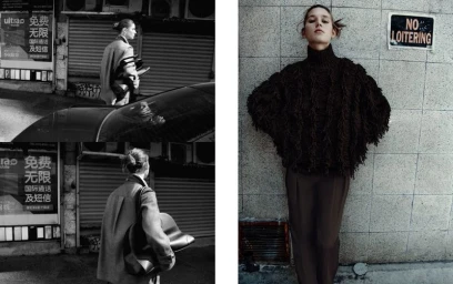 Model Vivienne Rohner in a dark textured sweater standing against a stone wall for COS Pre-Winter 2024 campaign.
