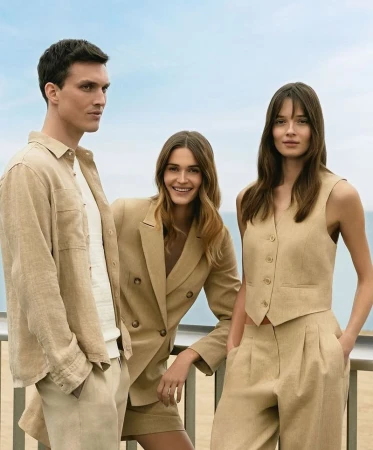 Three fashion models in tan linen clothing pose against a bright sky in a sunny outdoor setting, showcasing modern style.