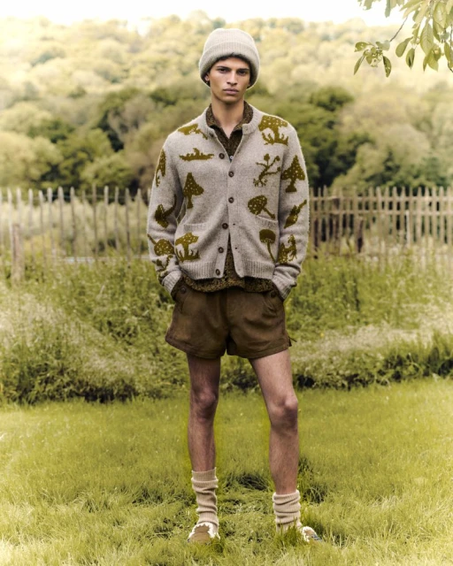 Male fashion model in a mushroom-patterned cardigan, knit beanie, and shorts standing in a grassy field with a rustic fence backdrop.