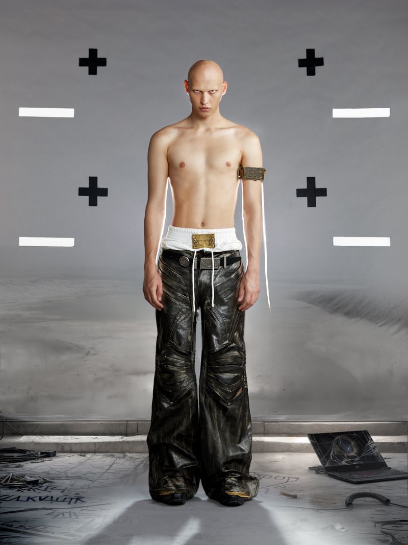 Bald man stands in front of a gray patterned wall wearing large leather pants. A laptop sits on the floor in the foreground.